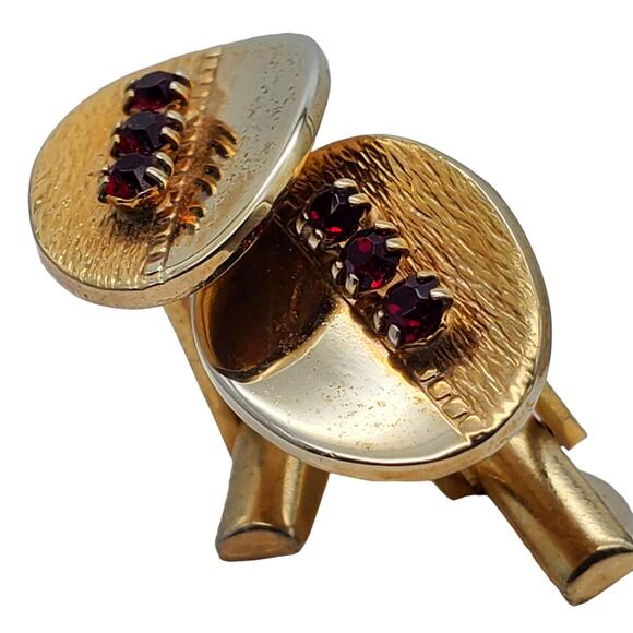 Retro Red Crystal Oval Cufflinks Gold Tone MCM Brushed Polished Metal Jewelry - Picture 3 of 9
